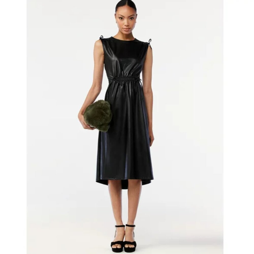 NEW Leather Look Midi Dress with Cinch Waist‎ and Cap Sleeve Detail